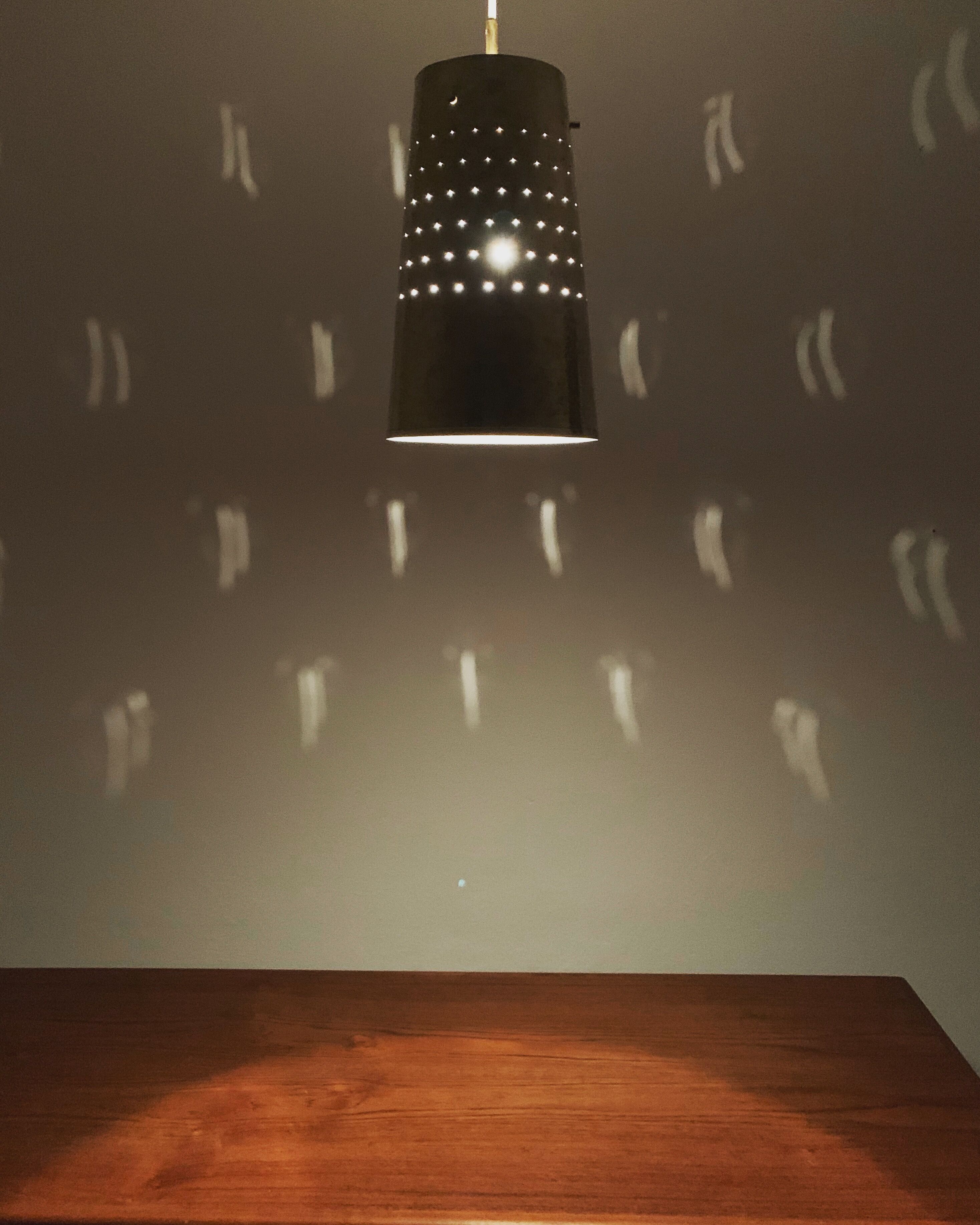 Set of 2 large Mid Century Modern perforated brass pendant lamps