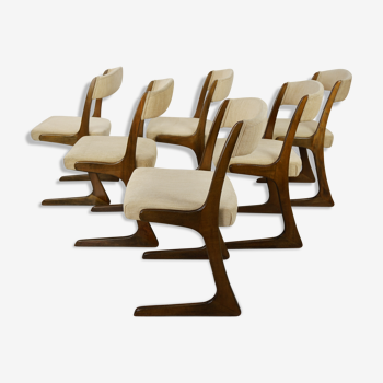 Suite of 6 60s chairs in curved wood and fabric