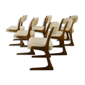 Suite of 6 60s chairs in curved wood and fabric