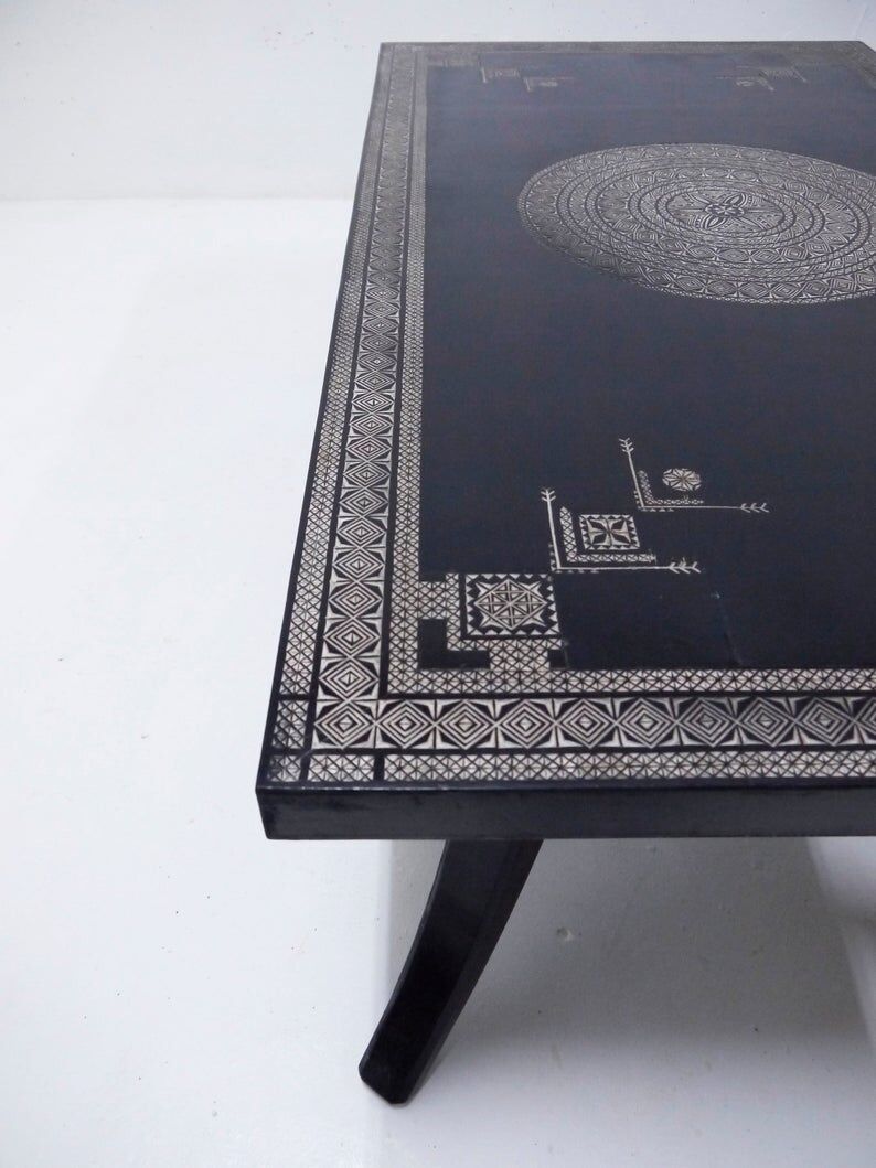 Antique wooden coffee table painted in black and incised with white painted decorations, Ettore Zaccari, Italy c 1910