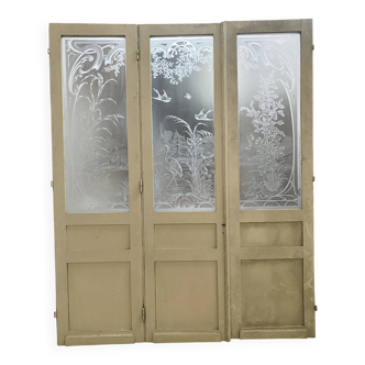 Set of three Art Nouveau 20th-century wooden and etched glass partition doors