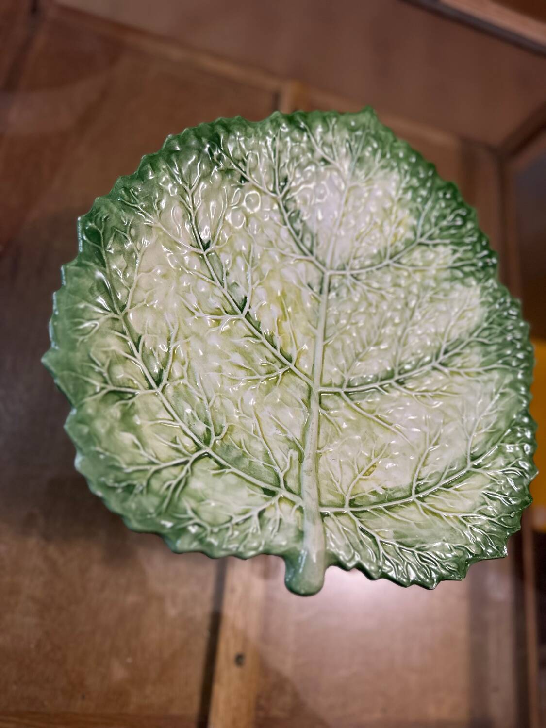 Vintage Signed GV Ceramic Barbotine Cabbage Leaf