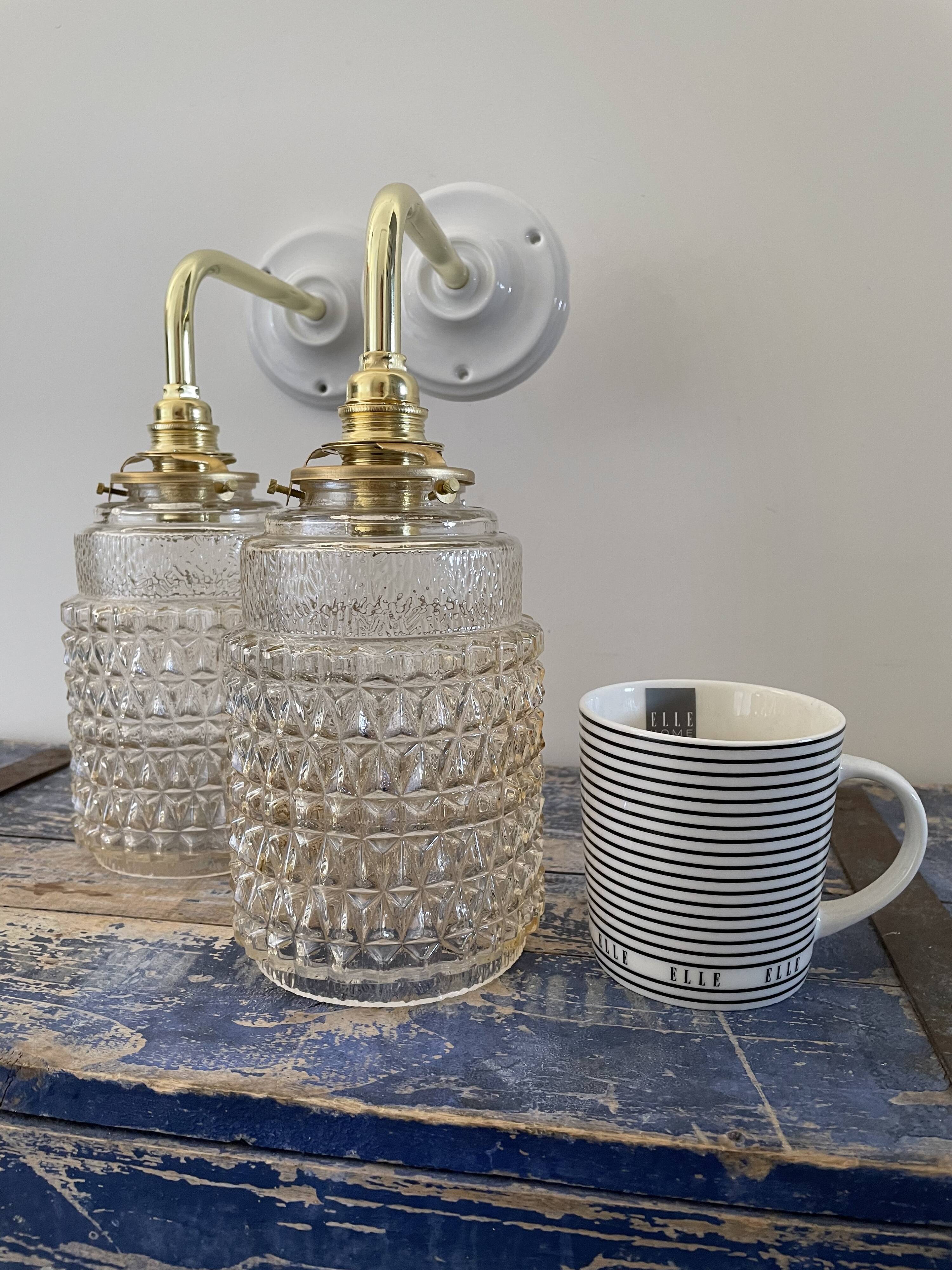 Pair of vintage electrified glass wall lamps