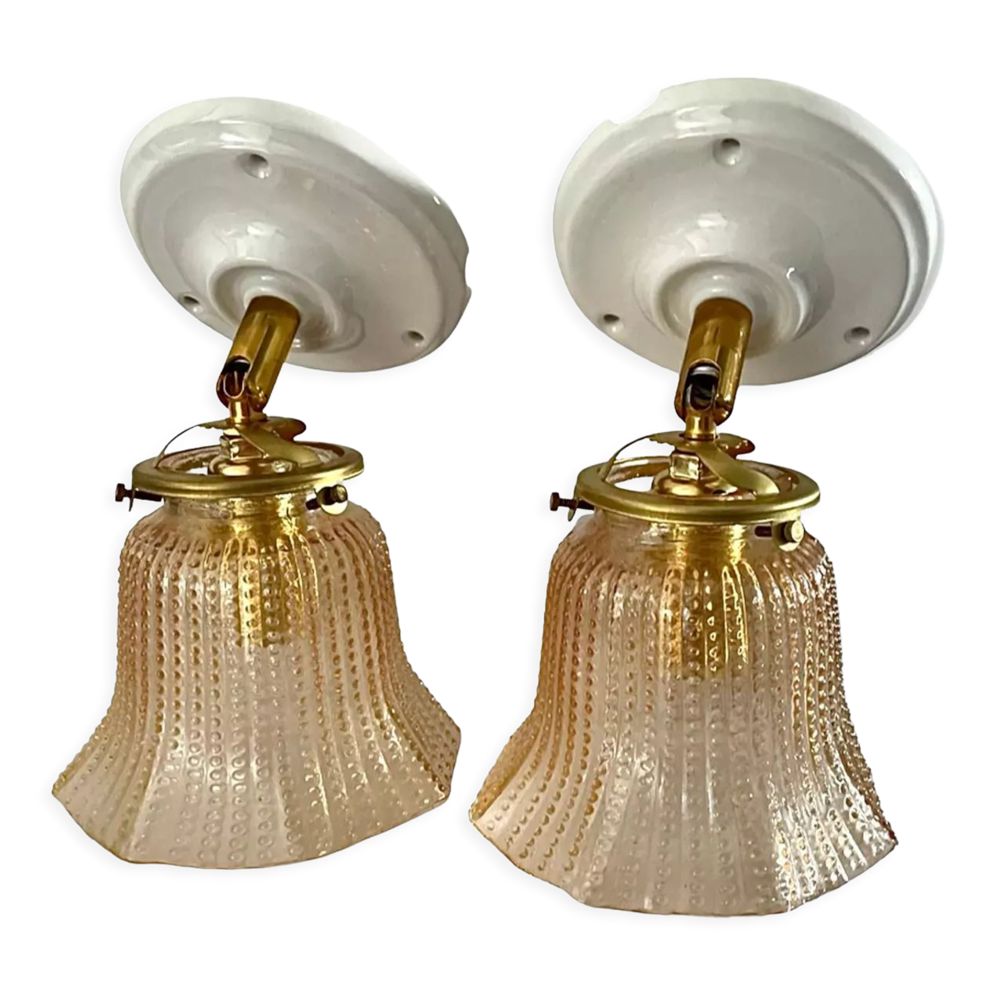 Pair of vintage sconces in electrified gold chiseled glass