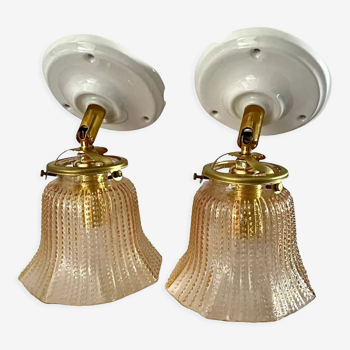 Pair of vintage sconces in electrified gold chiseled glass