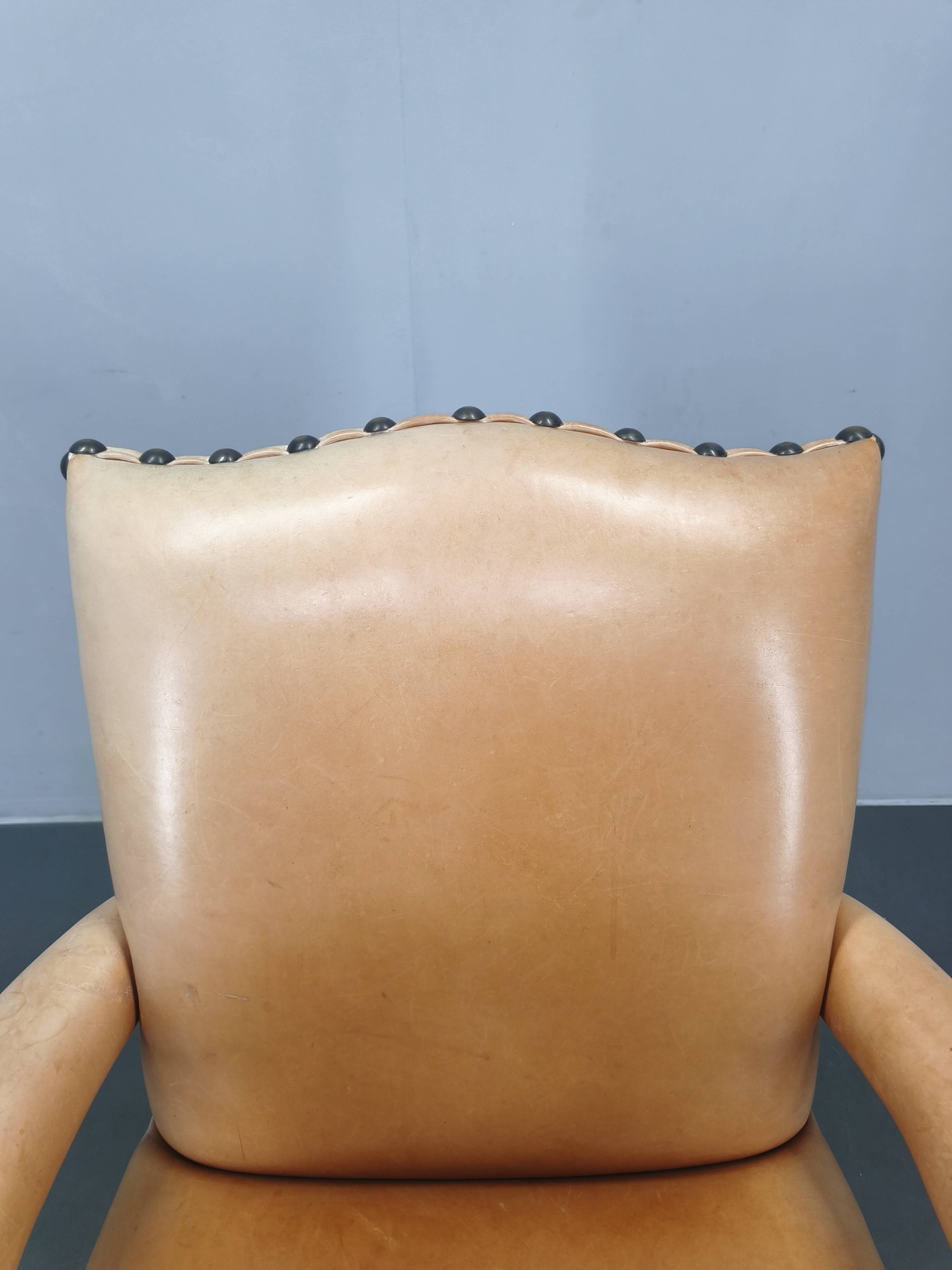 Antique Danish Leather Armchair Carved Wood Club Chair, Early 1900s