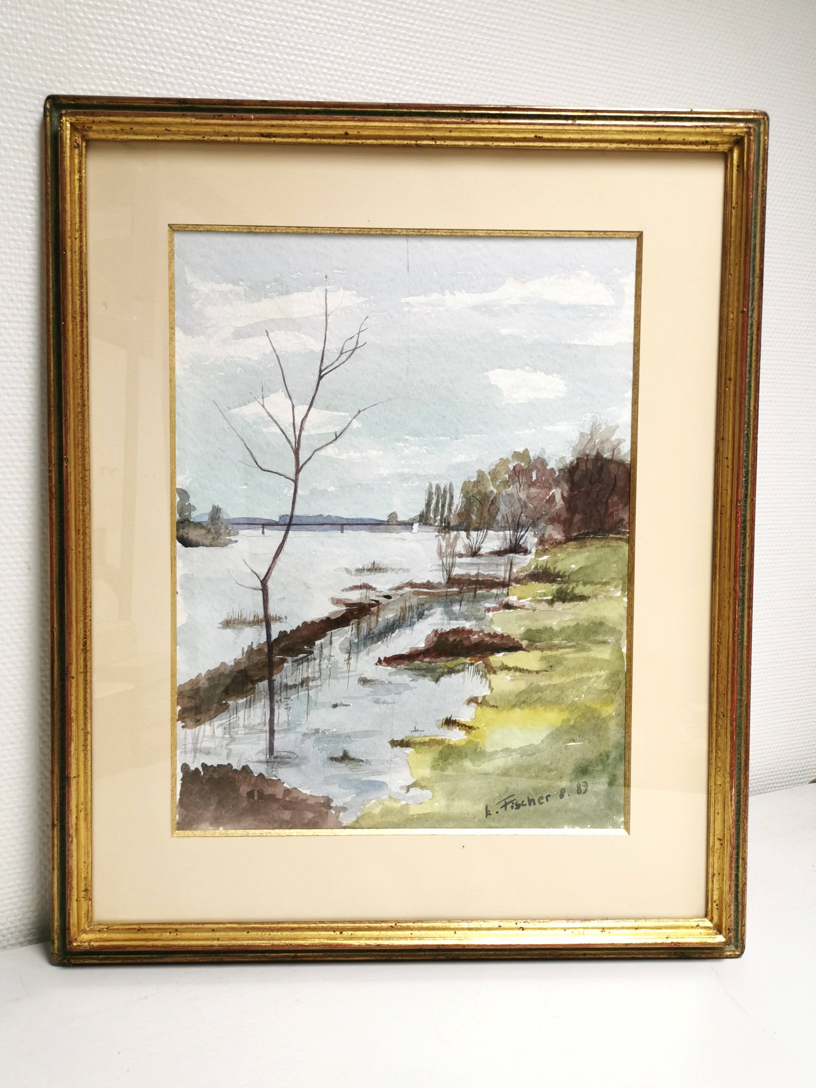 Painting / Beautiful Watercolor signed L. FISCHER 8.89, landscape on the banks of the river