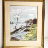 Painting / Beautiful Watercolor signed L. FISCHER 8.89, landscape on the banks of the river