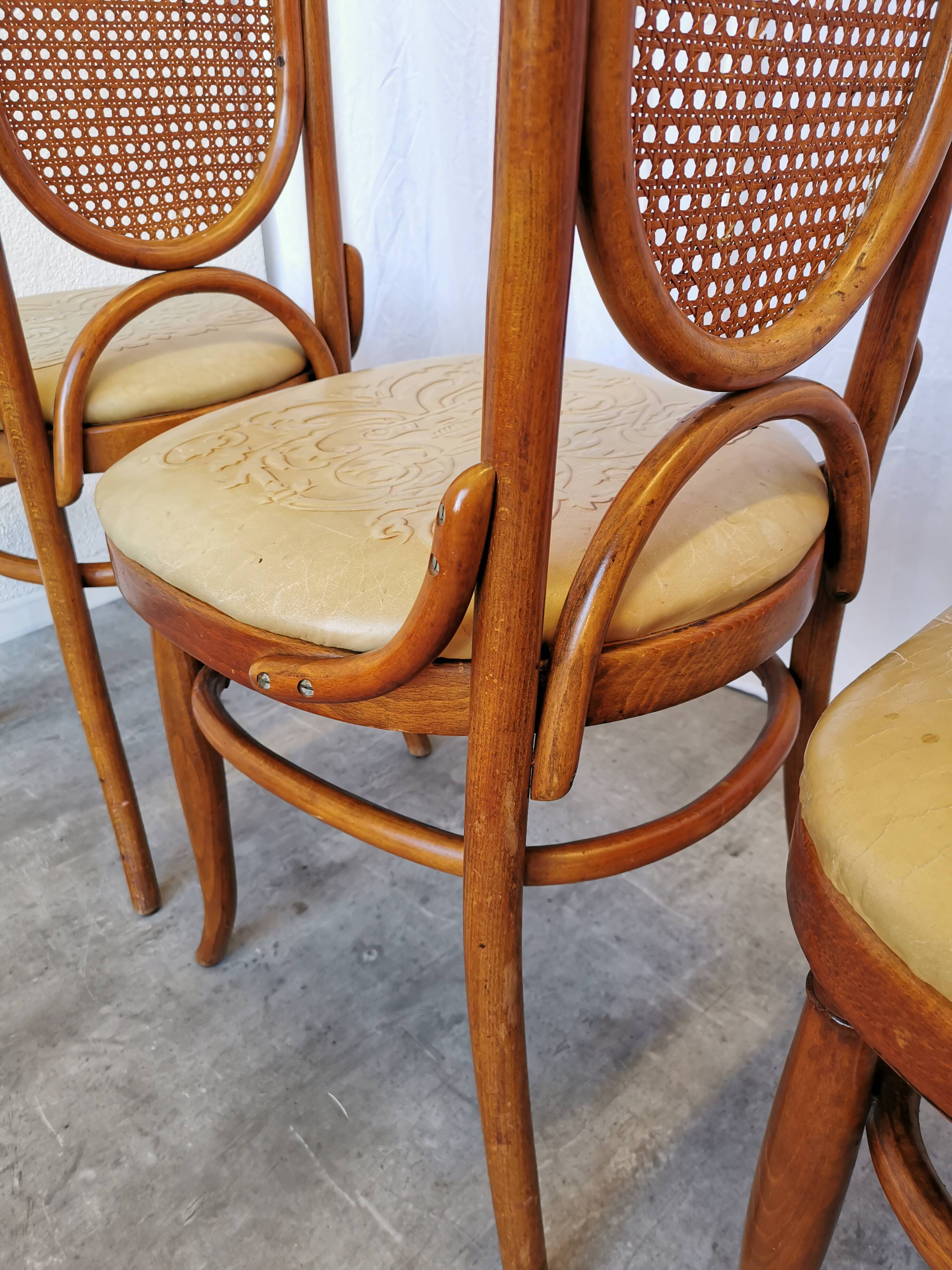 Set of 4 Vintage Bentwood Dining Chairs: Cane Back, Leather Seat, Thonet St