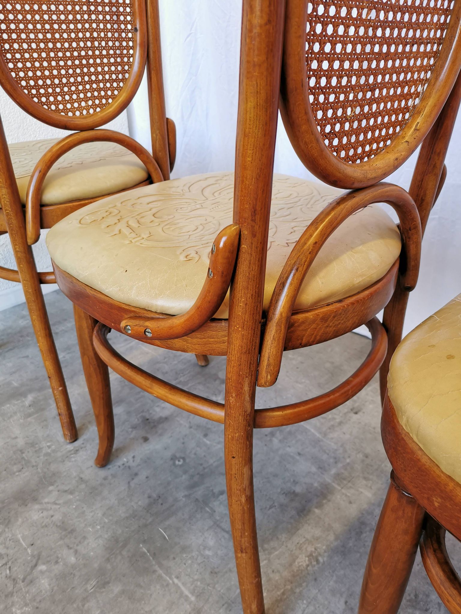 Set of 4 Vintage Bentwood Dining Chairs: Cane Back, Leather Seat, Thonet St
