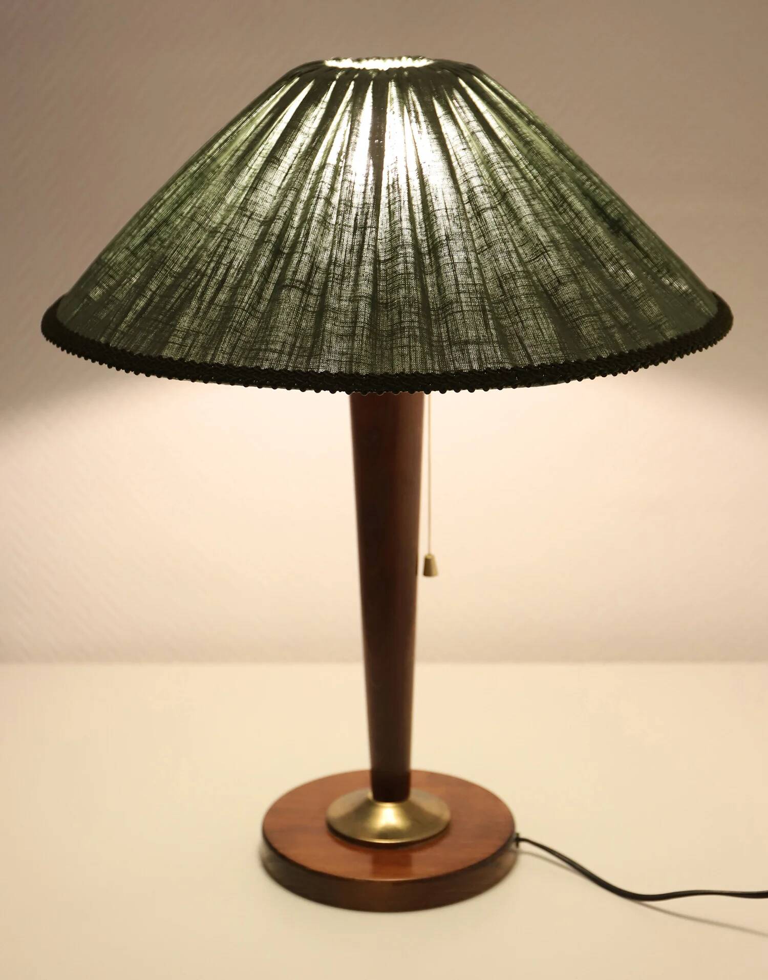 Recycled vintage lamp — spindle wooden base, pleated green linen shade