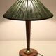 Recycled vintage lamp — spindle wooden base, pleated green linen shade