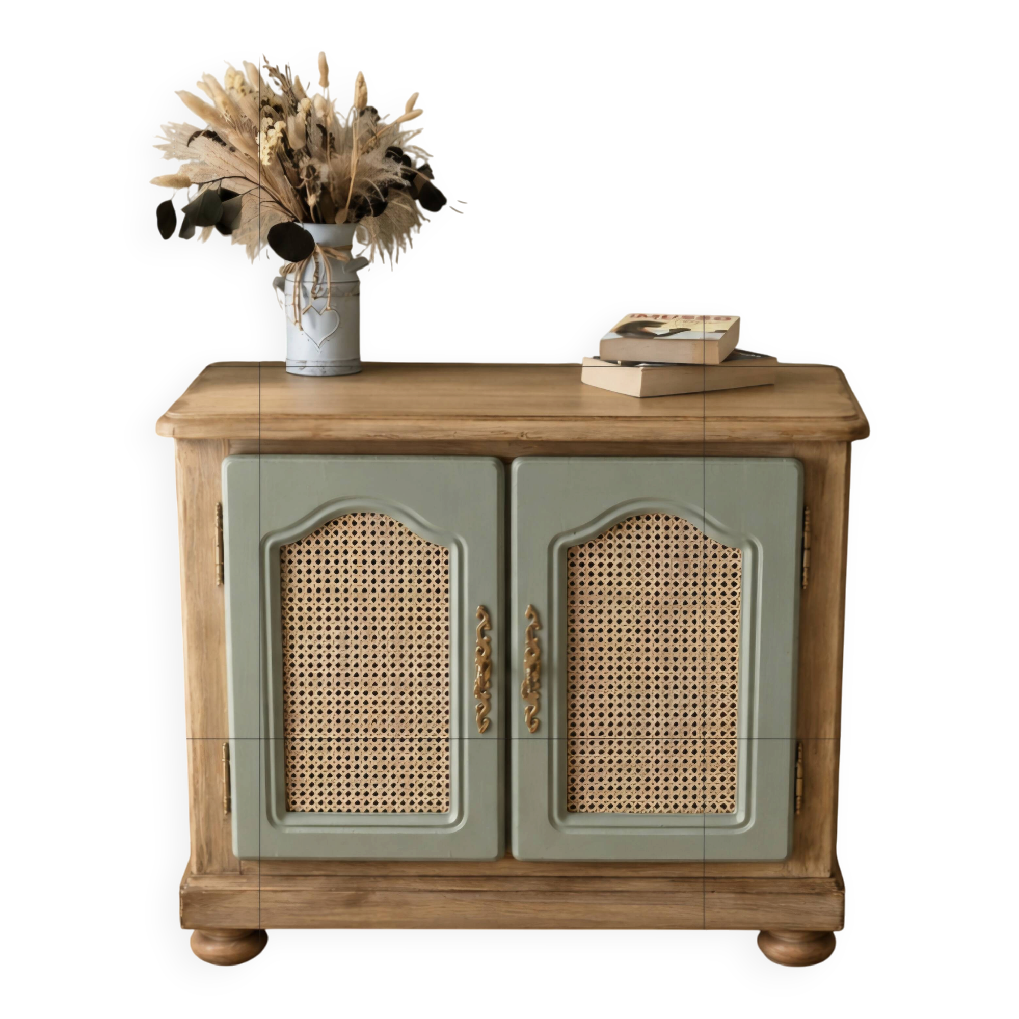 Renovated vintage sideboard in caning and sage green.