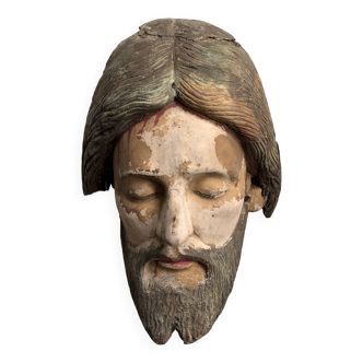 Large head of Christ in polychrome carved wood - Vietnam