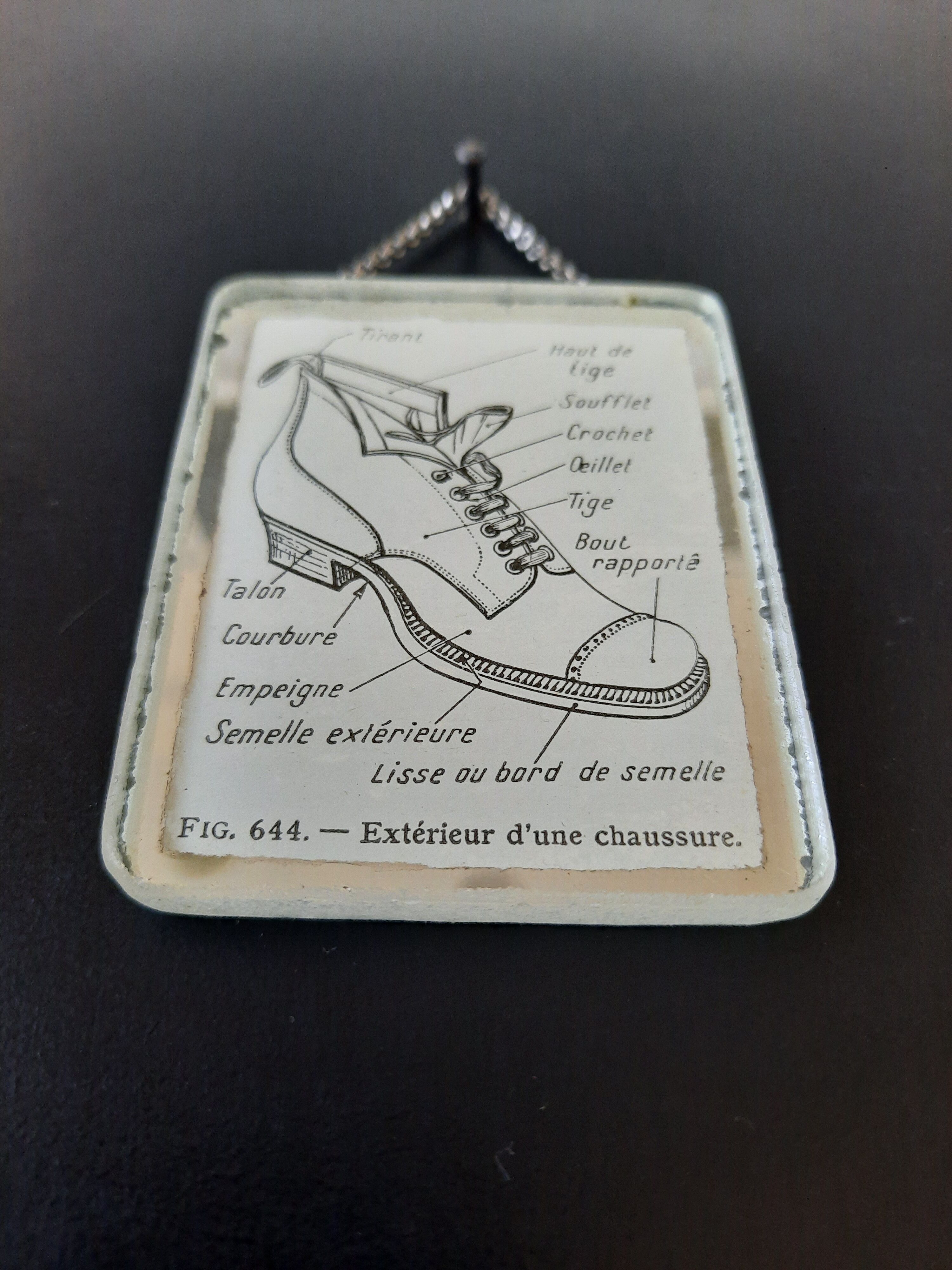 Old illustration "Exterior of a shoe" inserted under mirror