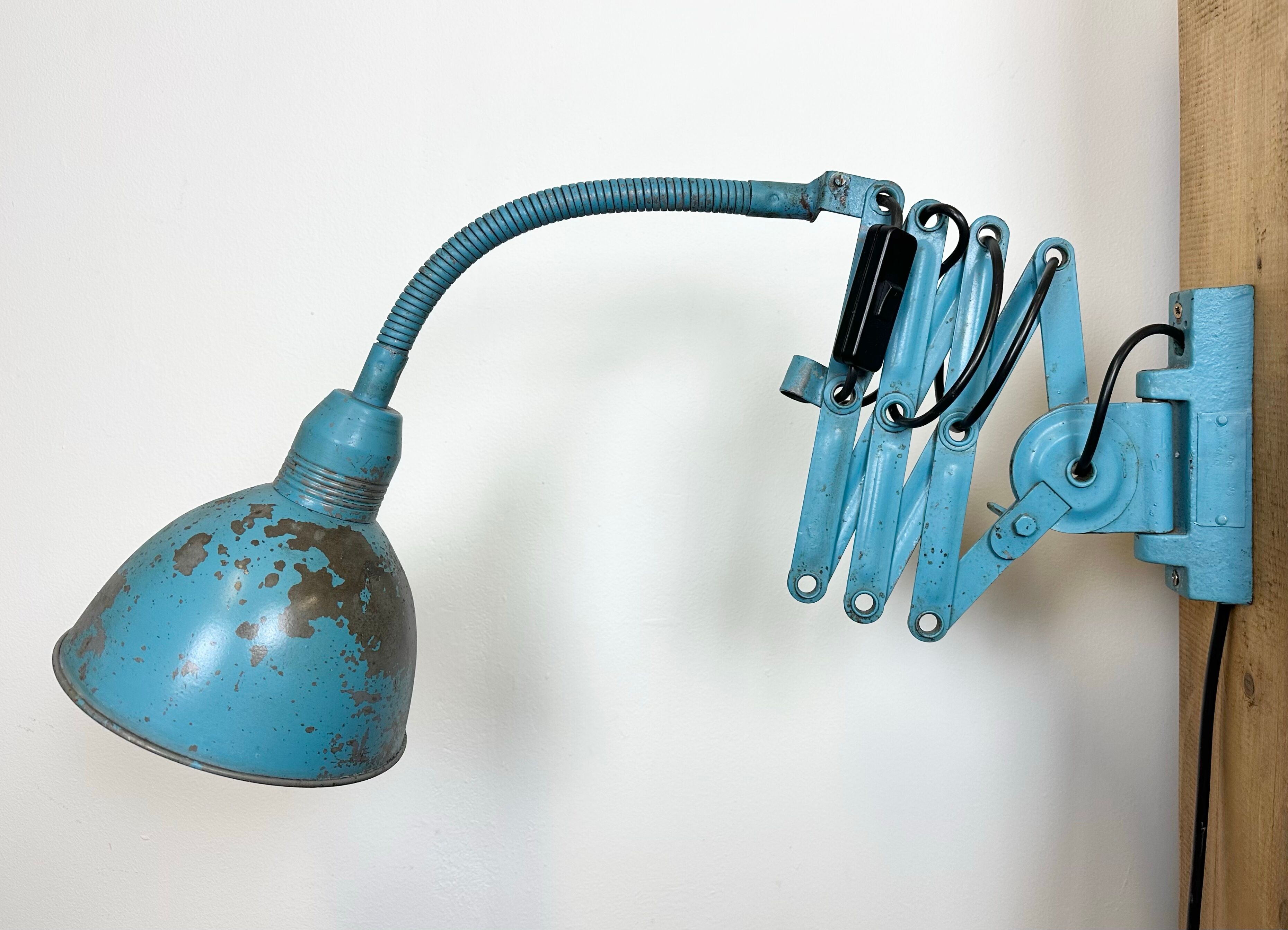 Blue Industrial Scissor Wall Lamp from Elektroinstala, 1960s