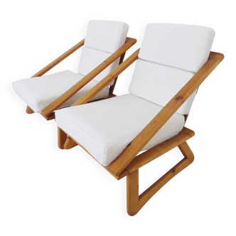 Pair Of Vintage Danish Pine Sleigh Lounge Chairs Armchairs