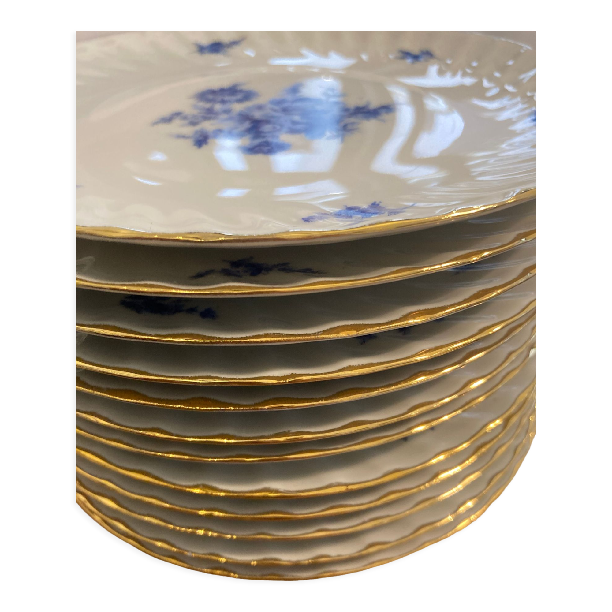 Set of 12 dessert plates blue flowers porcelain Aquitaine