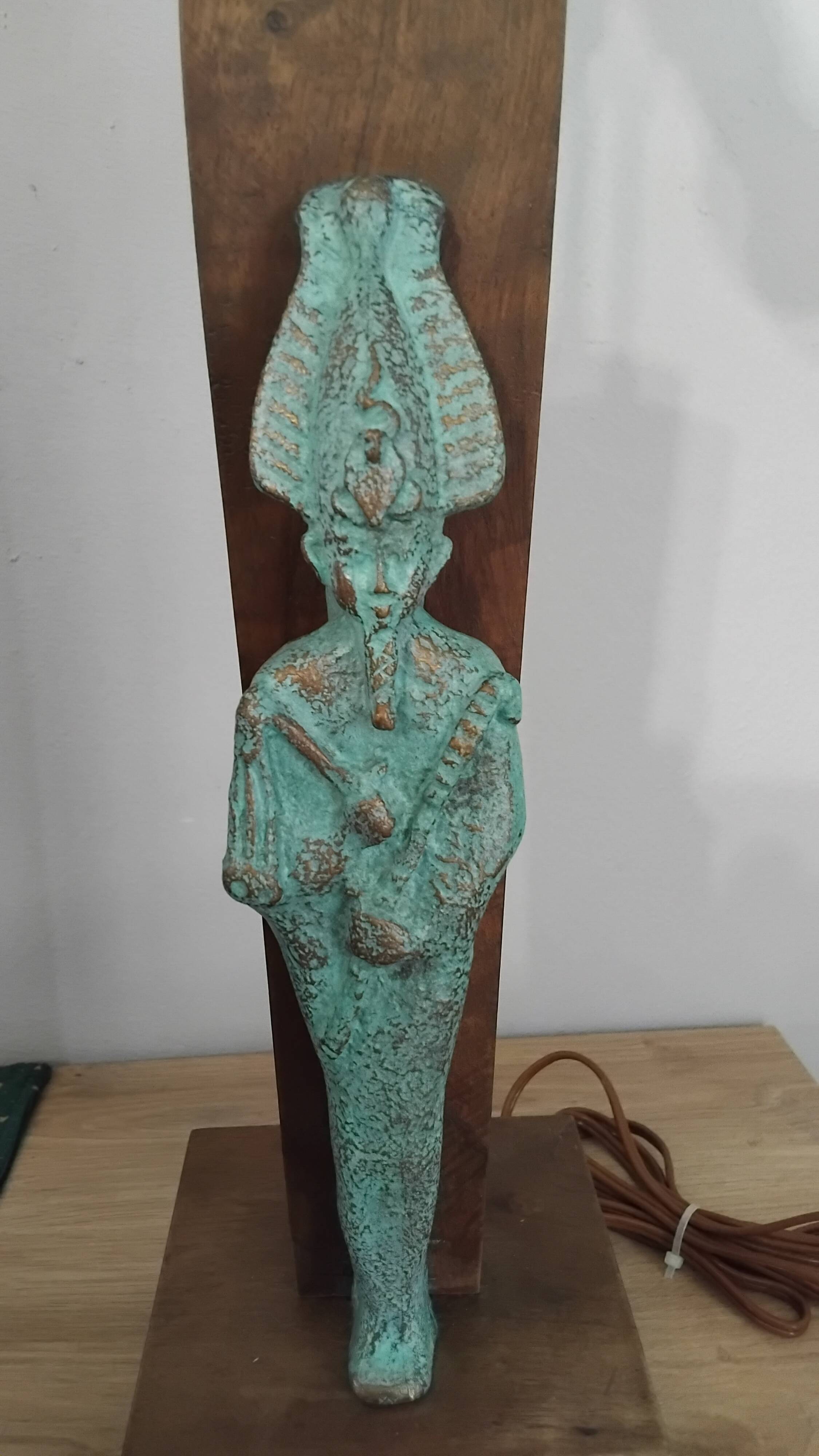 Lampe égyptienne osiris  bronze teck vintage  avec ecrin