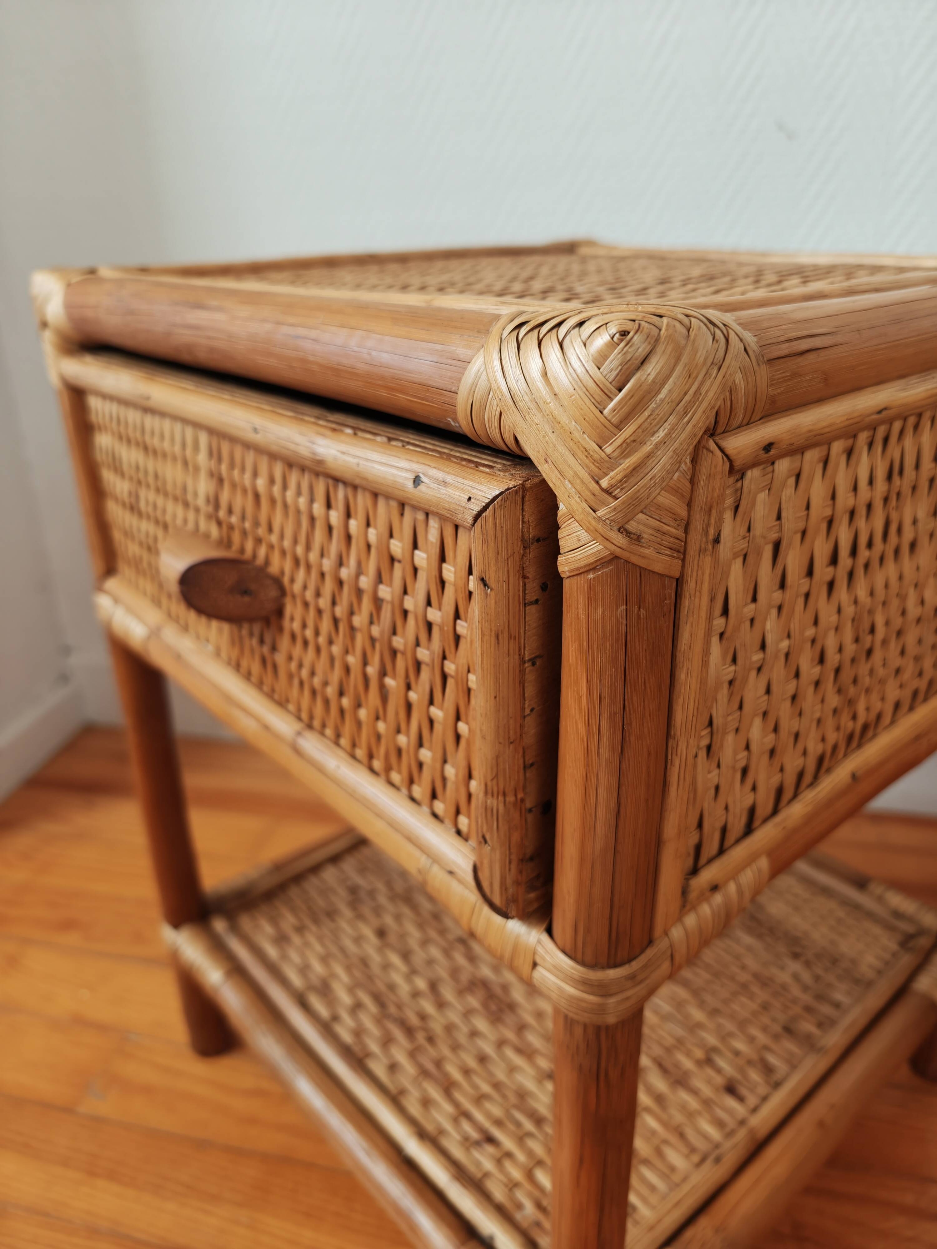 Pair of bedside tables in rattan and wicker - circa 1970