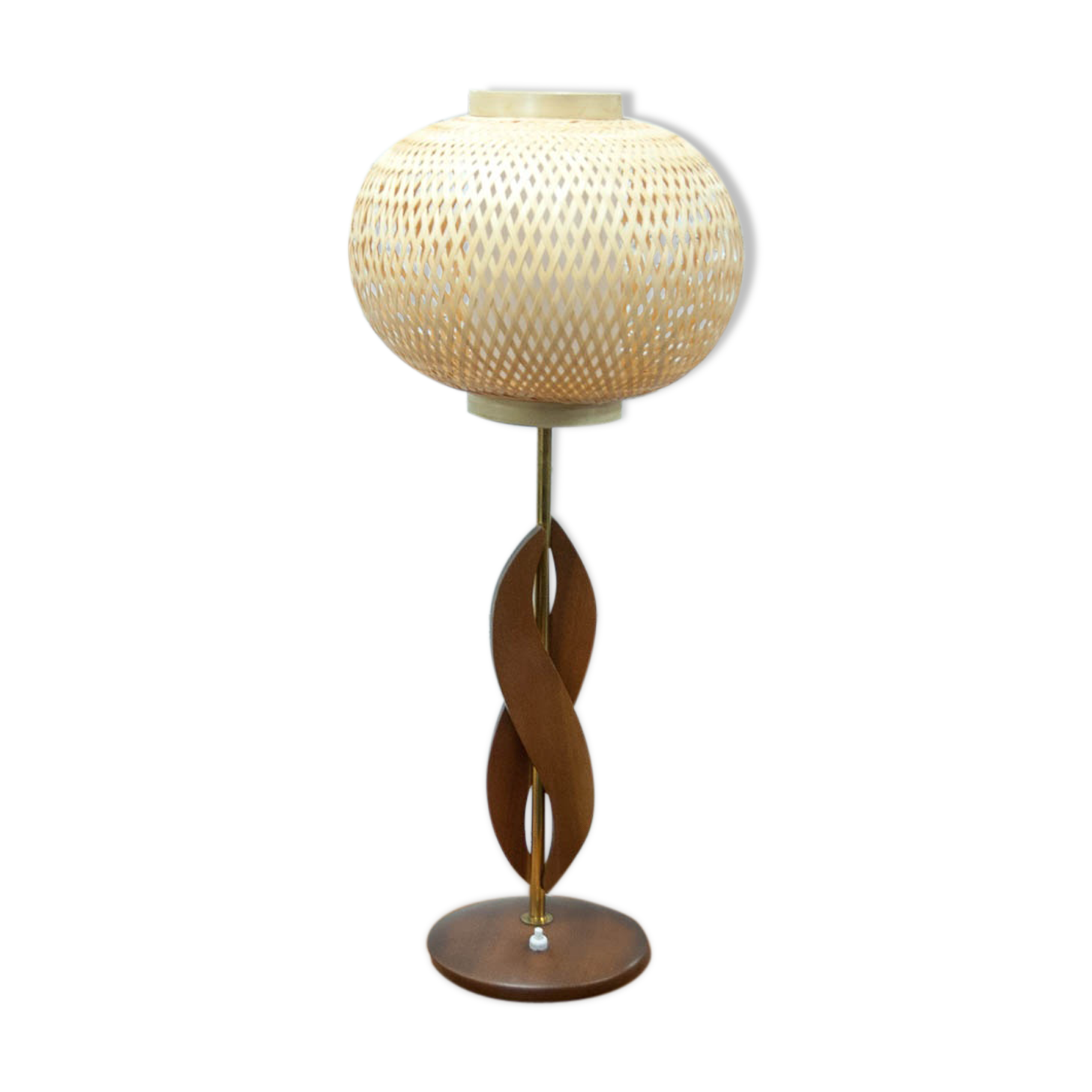 Teak brass and rattan table lamp