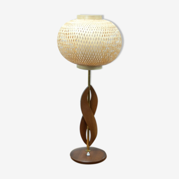 Teak brass and rattan table lamp