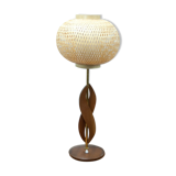 Teak brass and rattan table lamp