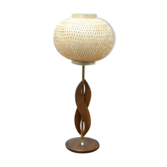 Teak brass and rattan table lamp