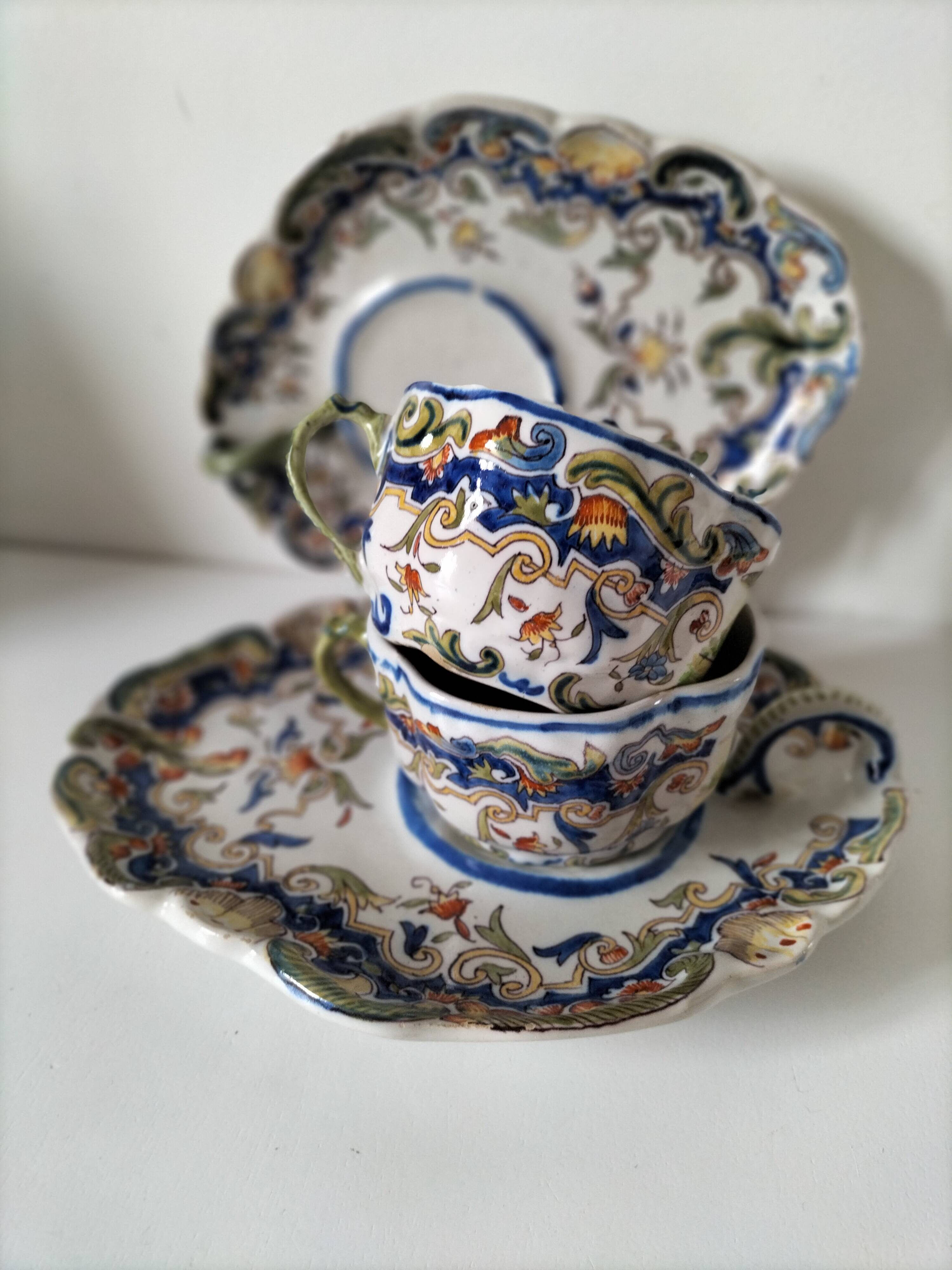 Breakfast set duo Desvres Fourmaintraux regionalist decoration