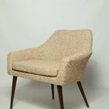 Modern fauteuil en bois orange polka dot bouclé tissus 1960 cocktail fauteuil de salon