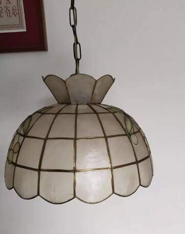 Mother-of-pearl and brass pendant light, vintage light fixture, 1950s