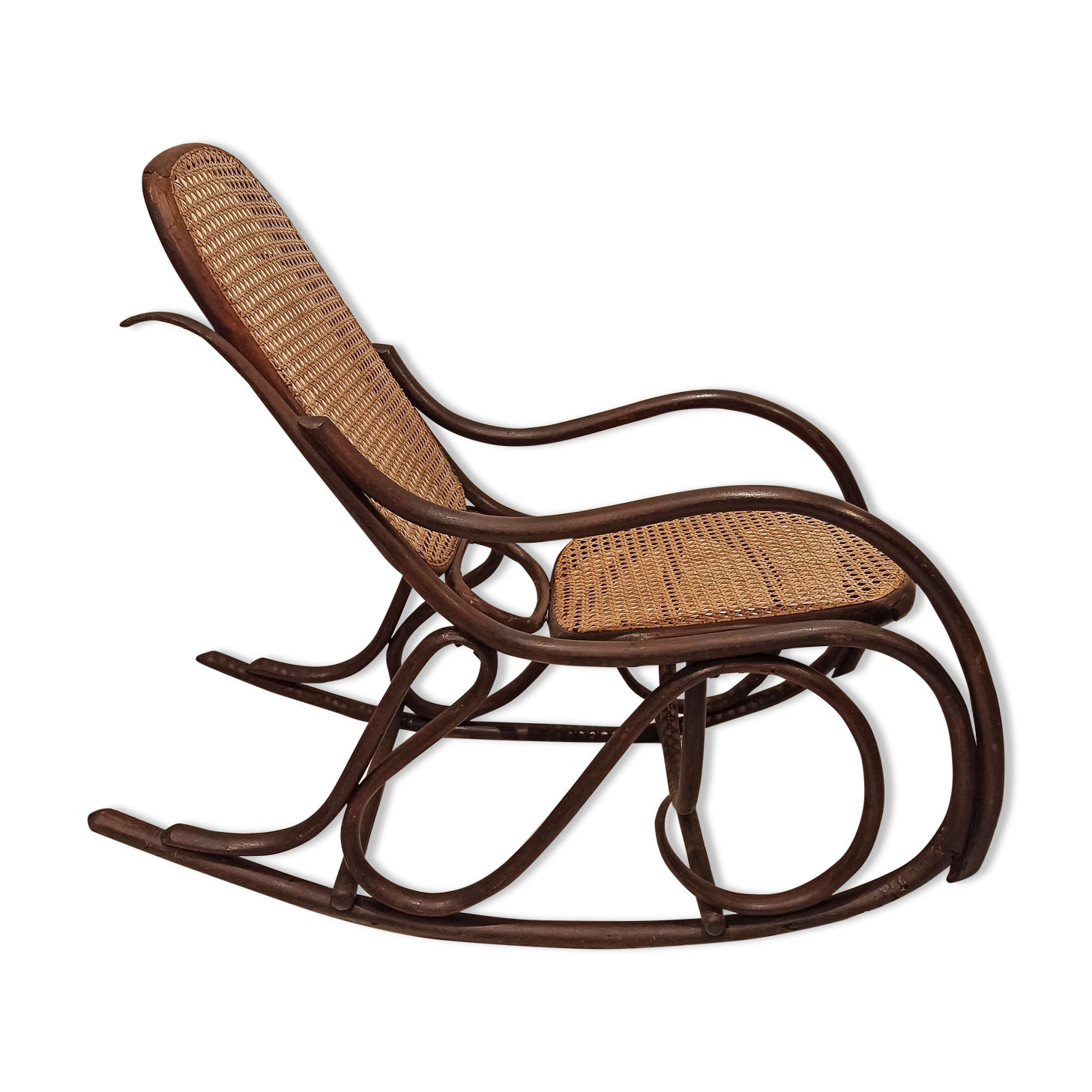 Vintage rocking chair for children in dark rattan and canework, rocking chair