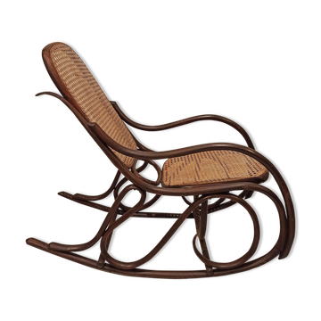 Vintage rocking chair for children in dark rattan and canework, rocking chair