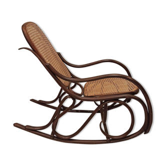 Vintage rocking chair for children in dark rattan and canework, rocking chair