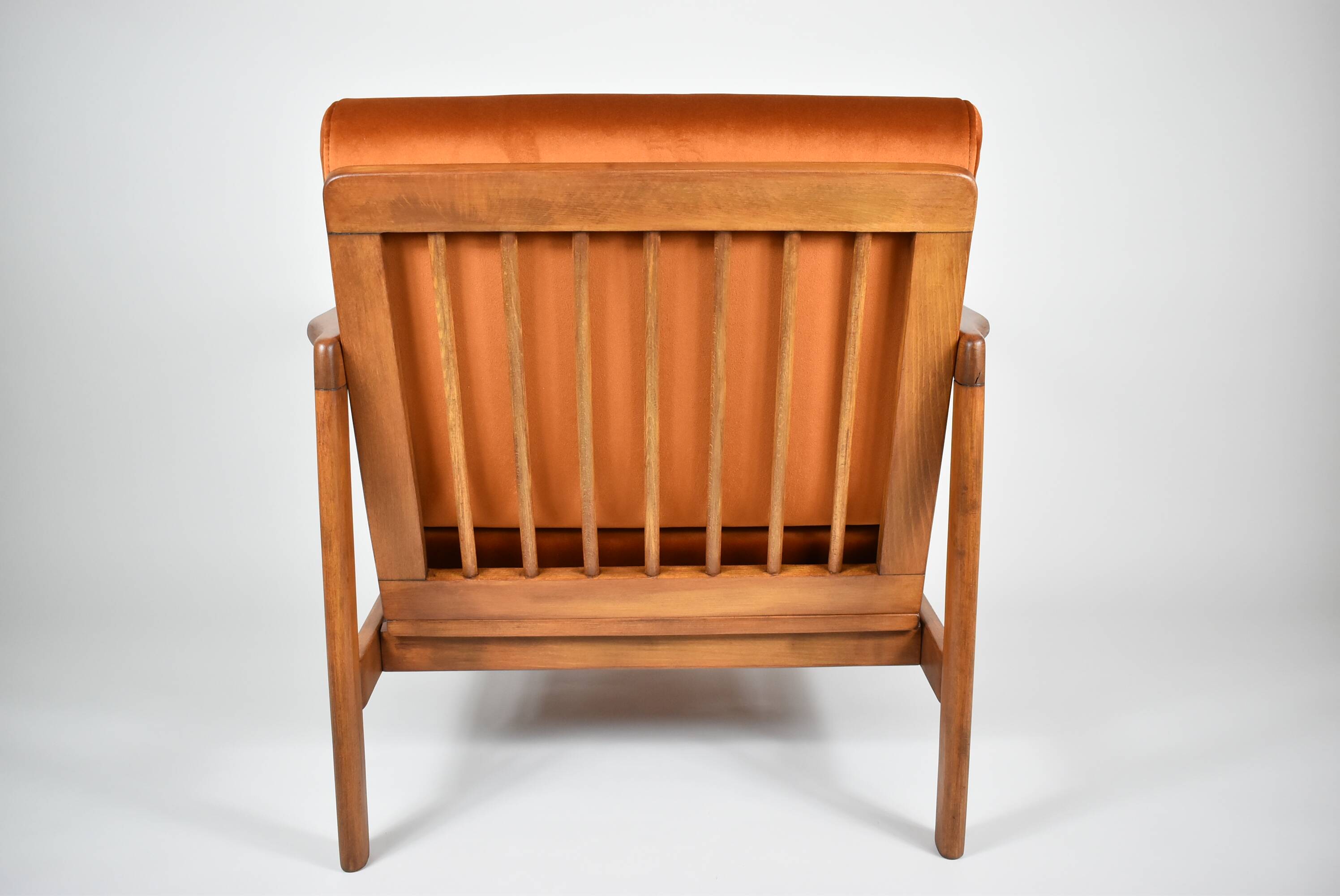 Fauteuil scandinave d'origine restauré, années 60, rouille, velours