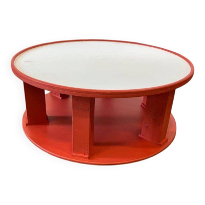 Grande table basse ronde vintage XL orange en bois / table basse