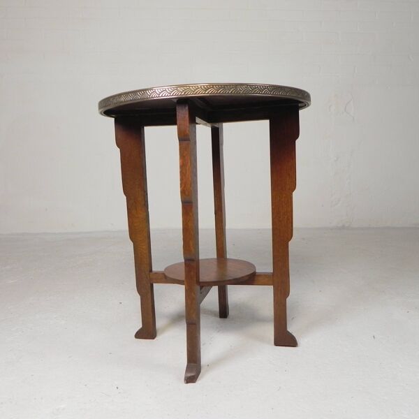 Table Art Déco avec plateau en laiton, Amsterdam School, années 1930