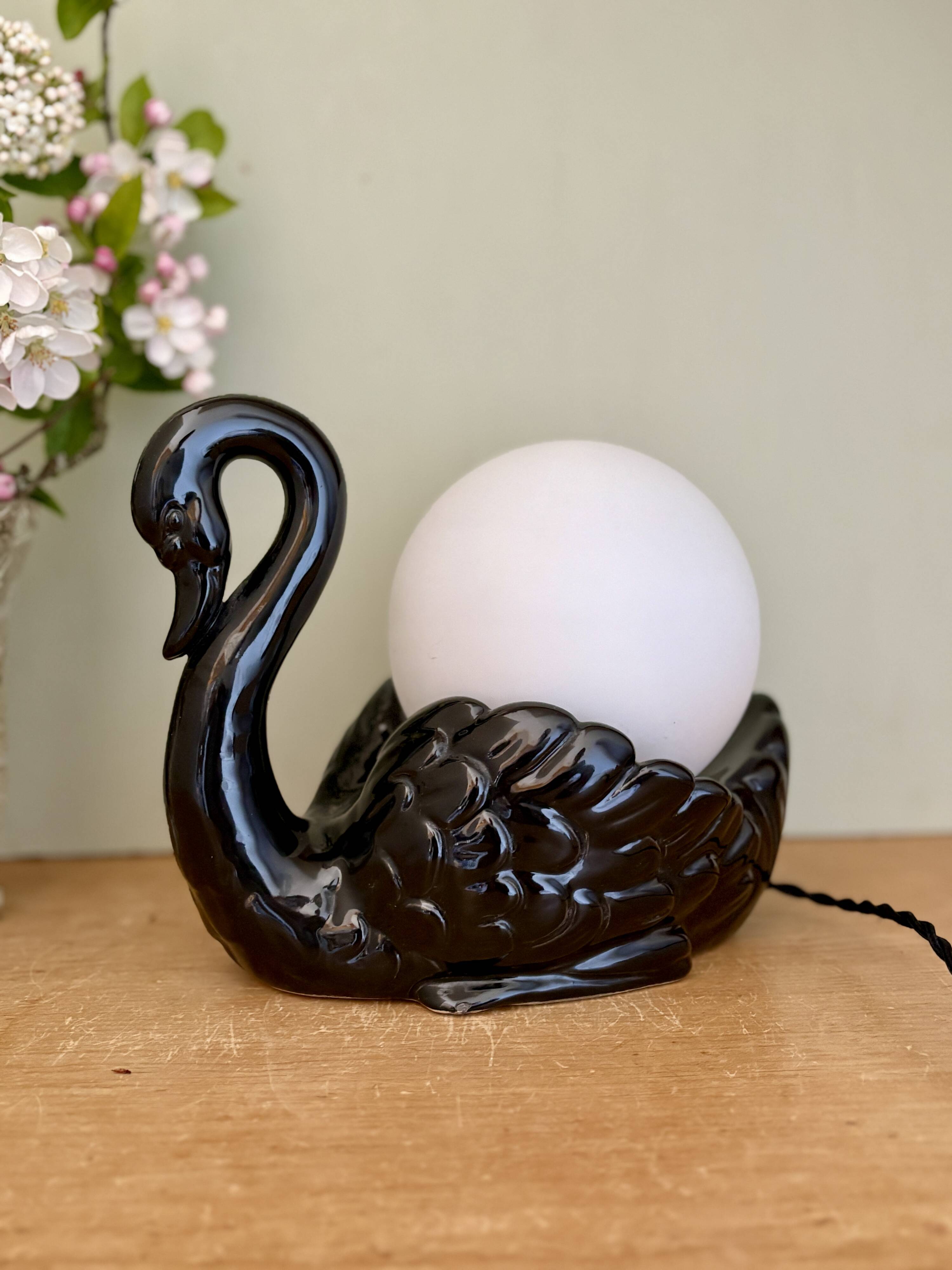 Vintage lamp, black ceramic swan and white opaline globe