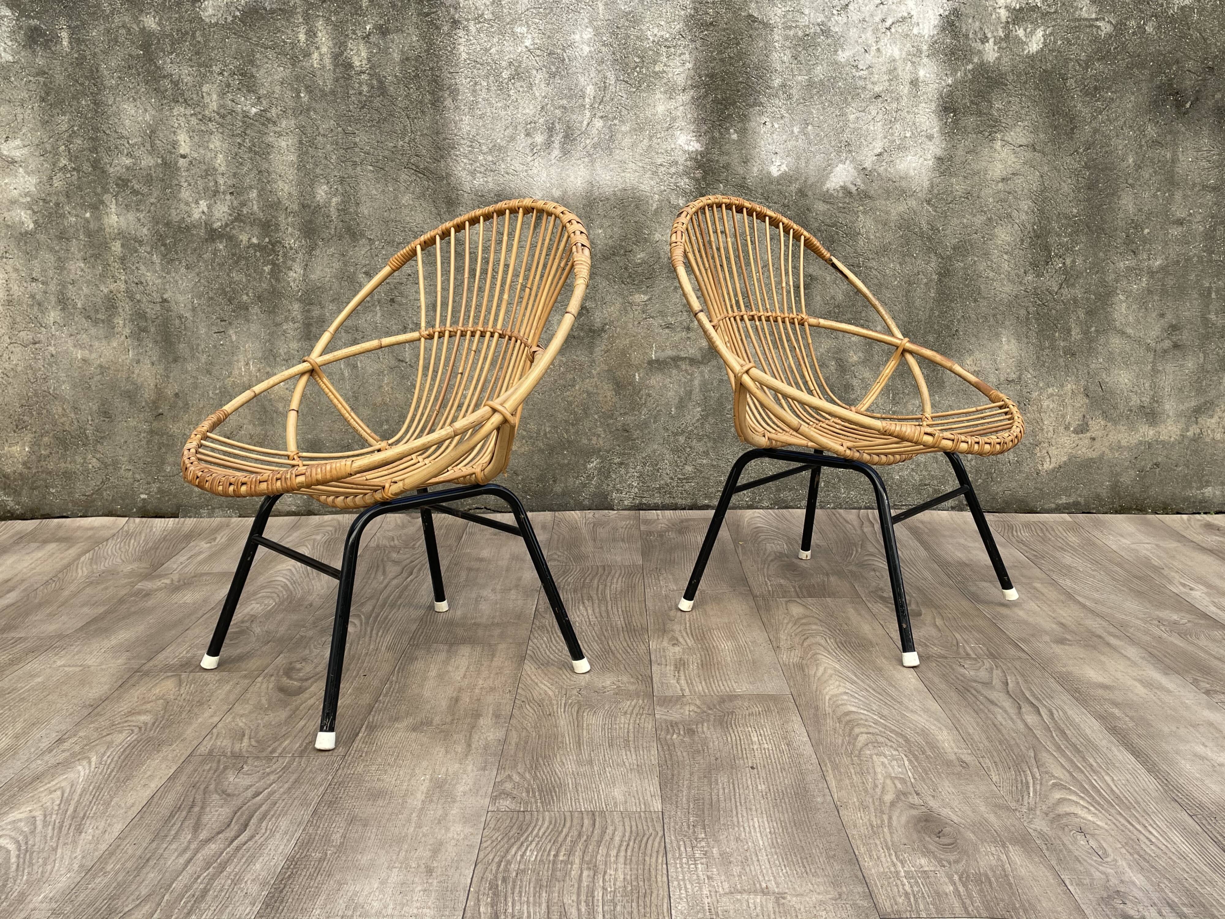Pair of rattan and metal shell chairs, 1960