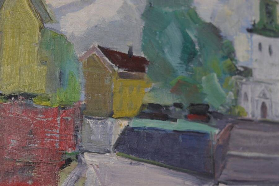 Original Swedish oil on canvas – “Church” by Stig Gilborne – vintage & framed – 67 × 52 cm (26.4" × 20.5")