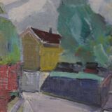 Original Swedish oil on canvas – “Church” by Stig Gilborne – vintage & framed – 67 × 52 cm (26.4" × 20.5")