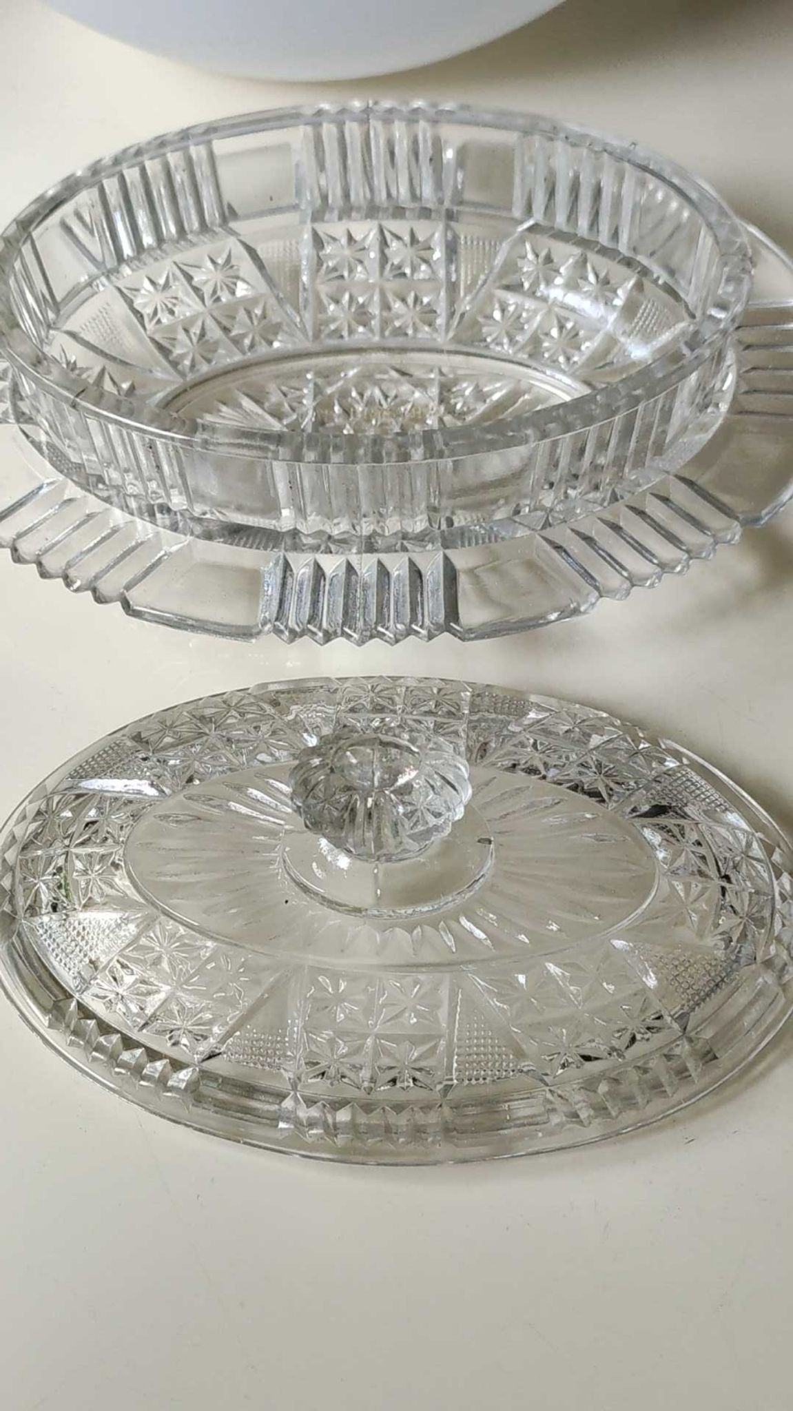 Old Art Deco butter dish, molded glass, Portieux style Star motifs, braces, diamonds