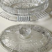 Old Art Deco butter dish, molded glass, Portieux style Star motifs, braces, diamonds