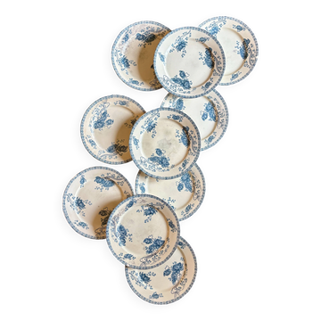 Lot de 10 assiettes plates anciennes en terre de fer, Royat de Sarreguemine