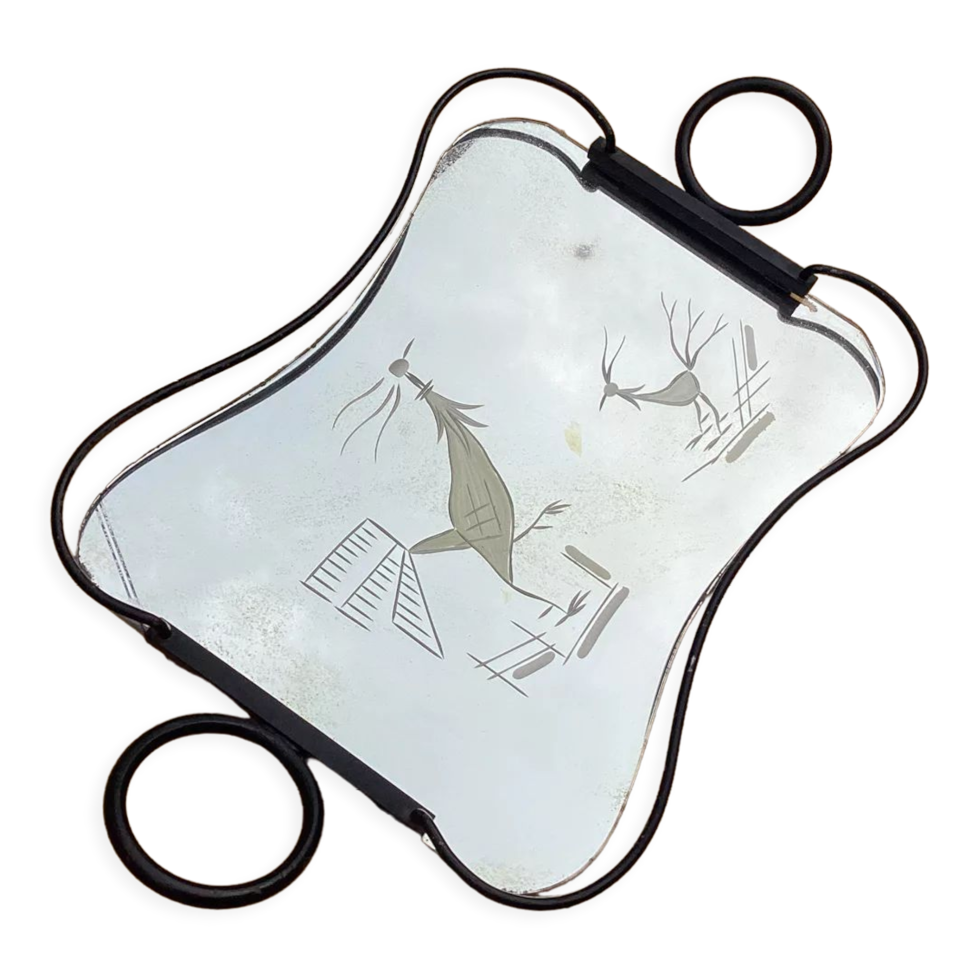 Engraved mirror tray art deco
