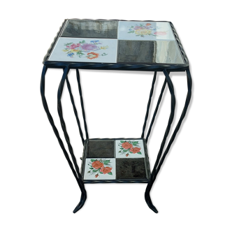 Side table in tiled earthenware and wrought iron