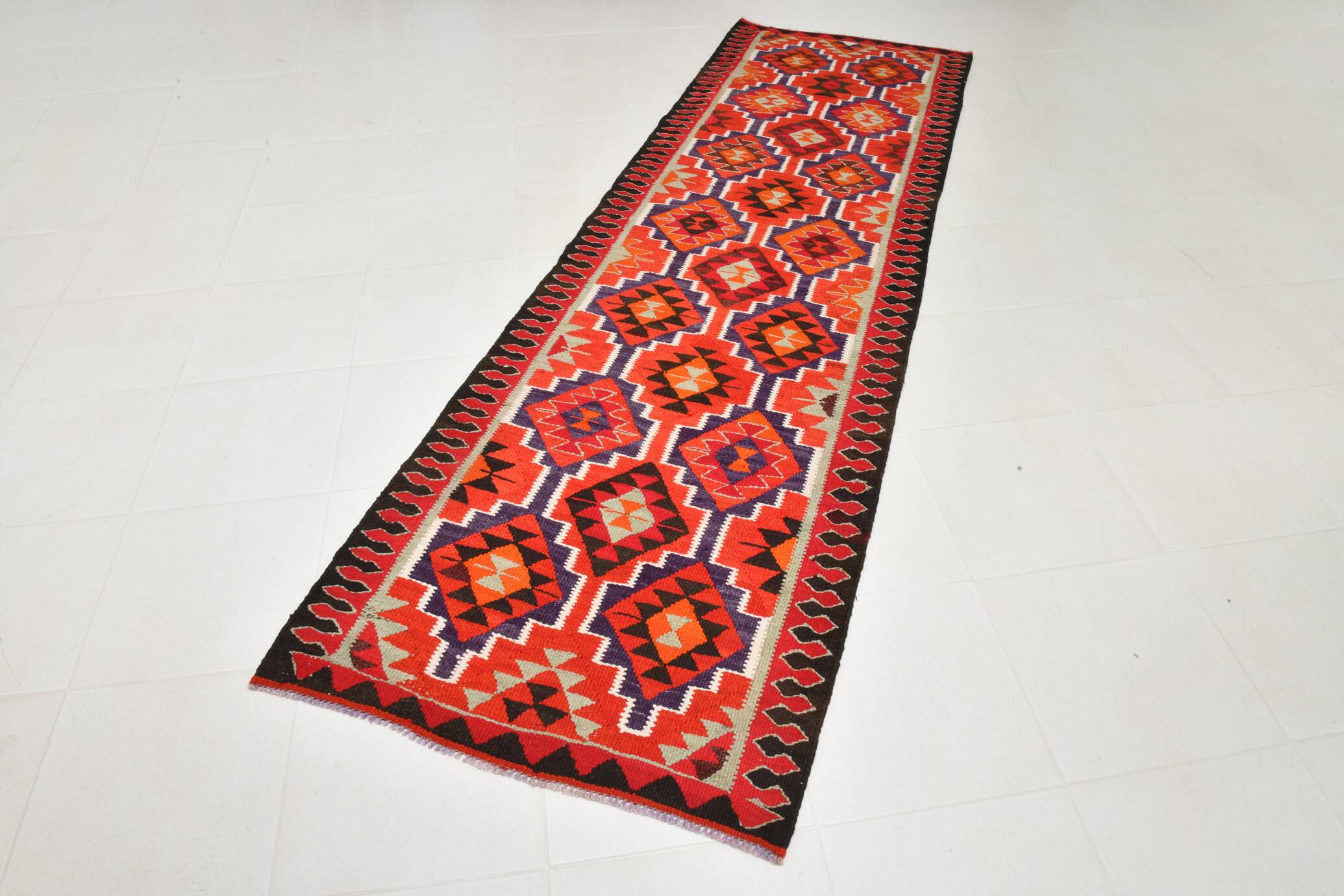 Vintage Orange & Blue Tribal Kilim Runner Rug, 95x320Cm