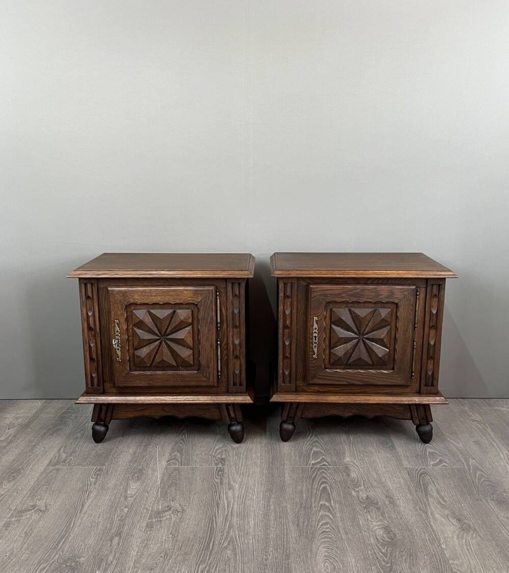 Pair of carved wooden bedside tables, early 20th century