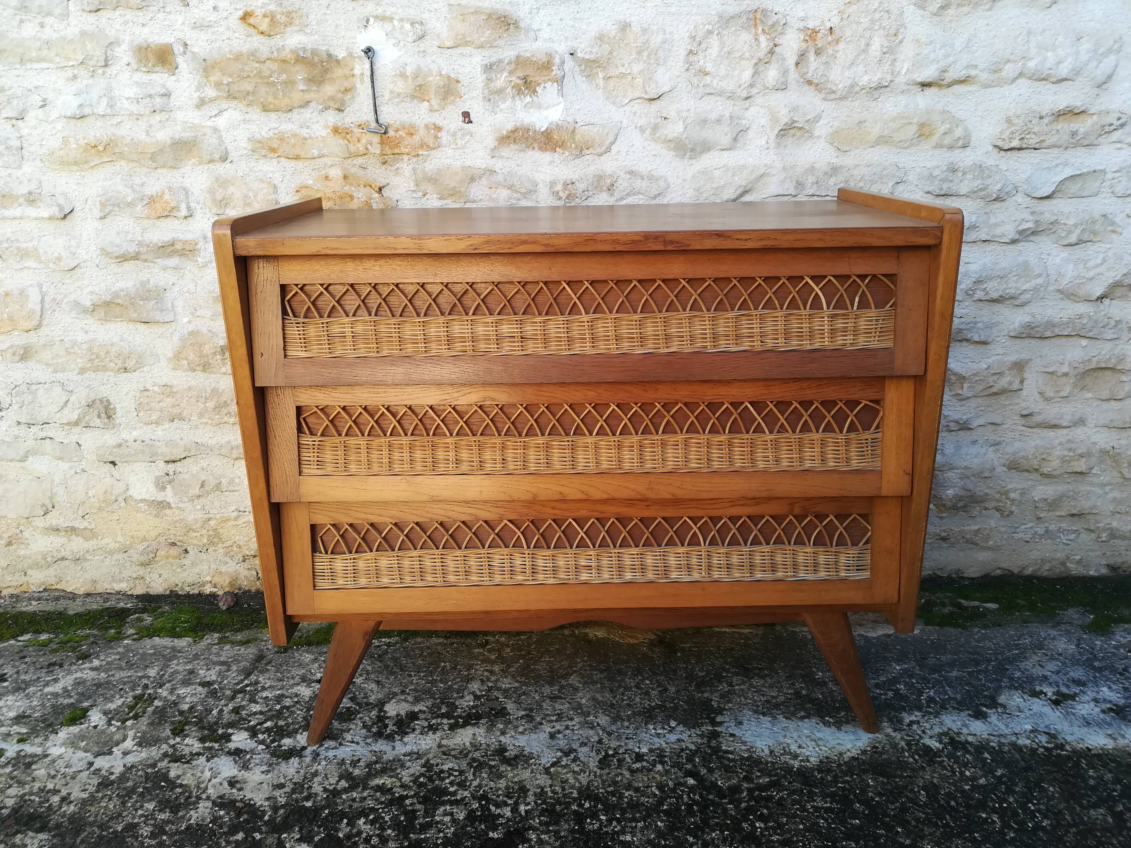 Vintage rattan and oak chest of drawers
