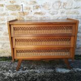 Vintage rattan and oak chest of drawers